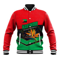 Martinique Pride Baseball Jacket with Red Green Design and Tropical Bird of Paradise Flower