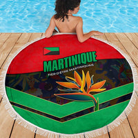Martinique Pride Beach Blanket with Red Green Design and Tropical Bird of Paradise Flower