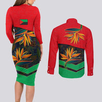Martinique Pride Couples Matching Long Sleeve Bodycon Dress and Long Sleeve Button Shirt with Red Green Design and Tropical Bird of Paradise Flower