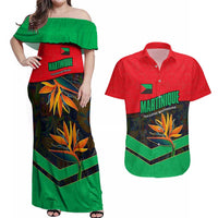 Martinique Pride Couples Matching Off Shoulder Maxi Dress and Hawaiian Shirt with Red Green Design and Tropical Bird of Paradise Flower