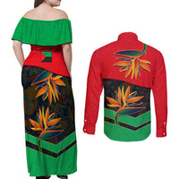 Martinique Pride Couples Matching Off Shoulder Maxi Dress and Long Sleeve Button Shirt with Red Green Design and Tropical Bird of Paradise Flower