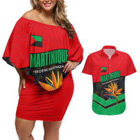 Martinique Pride Couples Matching Off Shoulder Short Dress and Hawaiian Shirt with Red Green Design and Tropical Bird of Paradise Flower