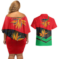 Martinique Pride Couples Matching Off Shoulder Short Dress and Hawaiian Shirt with Red Green Design and Tropical Bird of Paradise Flower