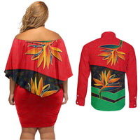 Martinique Pride Couples Matching Off Shoulder Short Dress and Long Sleeve Button Shirt with Red Green Design and Tropical Bird of Paradise Flower