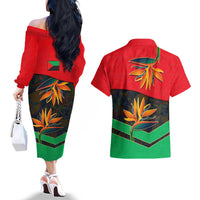 Martinique Pride Couples Matching Off The Shoulder Long Sleeve Dress and Hawaiian Shirt with Red Green Design and Tropical Bird of Paradise Flower