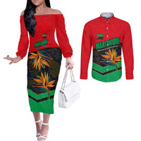 Martinique Pride Couples Matching Off The Shoulder Long Sleeve Dress and Long Sleeve Button Shirt with Red Green Design and Tropical Bird of Paradise Flower
