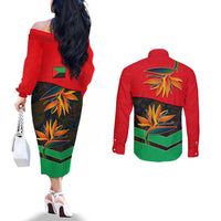 Martinique Pride Couples Matching Off The Shoulder Long Sleeve Dress and Long Sleeve Button Shirt with Red Green Design and Tropical Bird of Paradise Flower