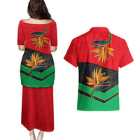 Martinique Pride Couples Matching Puletasi and Hawaiian Shirt with Red Green Design and Tropical Bird of Paradise Flower