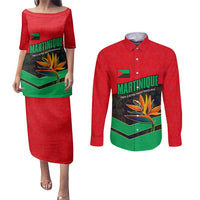 Martinique Pride Couples Matching Puletasi and Long Sleeve Button Shirt with Red Green Design and Tropical Bird of Paradise Flower