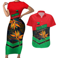 Martinique Pride Couples Matching Short Sleeve Bodycon Dress and Hawaiian Shirt with Red Green Design and Tropical Bird of Paradise Flower