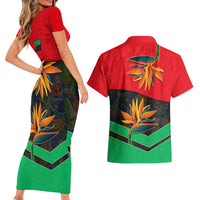 Martinique Pride Couples Matching Short Sleeve Bodycon Dress and Hawaiian Shirt with Red Green Design and Tropical Bird of Paradise Flower