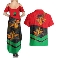 Martinique Pride Couples Matching Summer Maxi Dress and Hawaiian Shirt with Red Green Design and Tropical Bird of Paradise Flower