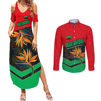 Martinique Pride Couples Matching Summer Maxi Dress and Long Sleeve Button Shirt with Red Green Design and Tropical Bird of Paradise Flower