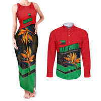 Martinique Pride Couples Matching Tank Maxi Dress and Long Sleeve Button Shirt with Red Green Design and Tropical Bird of Paradise Flower