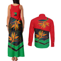 Martinique Pride Couples Matching Tank Maxi Dress and Long Sleeve Button Shirt with Red Green Design and Tropical Bird of Paradise Flower