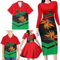Martinique Pride Family Matching Long Sleeve Bodycon Dress and Hawaiian Shirt with Red Green Design and Tropical Bird of Paradise Flower