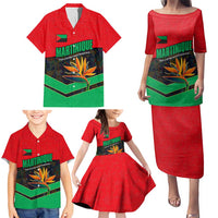 Martinique Pride Family Matching Puletasi and Hawaiian Shirt with Red Green Design and Tropical Bird of Paradise Flower