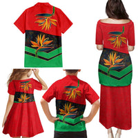 Martinique Pride Family Matching Puletasi and Hawaiian Shirt with Red Green Design and Tropical Bird of Paradise Flower