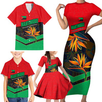Martinique Pride Family Matching Short Sleeve Bodycon Dress and Hawaiian Shirt with Red Green Design and Tropical Bird of Paradise Flower