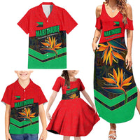 Martinique Pride Family Matching Summer Maxi Dress and Hawaiian Shirt with Red Green Design and Tropical Bird of Paradise Flower
