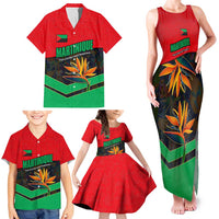 Martinique Pride Family Matching Tank Maxi Dress and Hawaiian Shirt with Red Green Design and Tropical Bird of Paradise Flower
