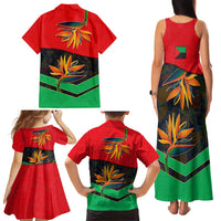Martinique Pride Family Matching Tank Maxi Dress and Hawaiian Shirt with Red Green Design and Tropical Bird of Paradise Flower
