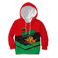 Martinique Pride Kid Hoodie with Red Green Design and Tropical Bird of Paradise Flower
