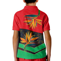 Martinique Pride Kid Polo Shirt with Red Green Design and Tropical Bird of Paradise Flower