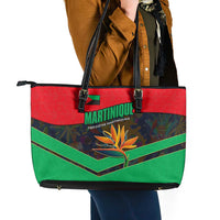 Martinique Pride Leather Tote Bag with Red Green Design and Tropical Bird of Paradise Flower