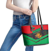 Martinique Pride Leather Tote Bag with Red Green Design and Tropical Bird of Paradise Flower