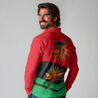 Martinique Pride Long Sleeve Polo Shirt with Red Green Design and Tropical Bird of Paradise Flower