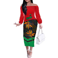 Martinique Pride Off The Shoulder Long Sleeve Dress with Red Green Design and Tropical Bird of Paradise Flower