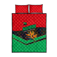 Martinique Pride Quilt Bed Set with Red Green Design and Tropical Bird of Paradise Flower