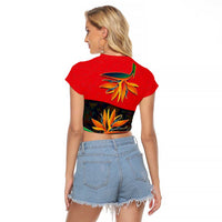 Martinique Pride Raglan Cropped T Shirt with Red Green Design and Tropical Bird of Paradise Flower
