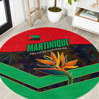Martinique Pride Round Carpet with Red Green Design and Tropical Bird of Paradise Flower