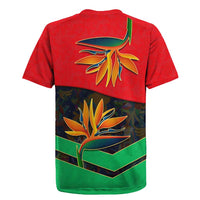 Martinique Pride Rugby Jersey with Red Green Design and Tropical Bird of Paradise Flower