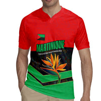 Martinique Pride Rugby Jersey with Red Green Design and Tropical Bird of Paradise Flower