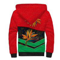 Martinique Pride Sherpa Hoodie with Red Green Design and Tropical Bird of Paradise Flower