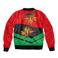 Martinique Pride Sleeve Zip Bomber Jacket with Red Green Design and Tropical Bird of Paradise Flower