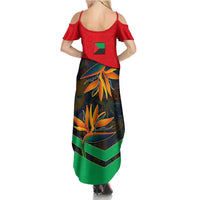 Martinique Pride Summer Maxi Dress with Red Green Design and Tropical Bird of Paradise Flower