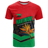 Martinique Pride T Shirt with Red Green Design and Tropical Bird of Paradise Flower
