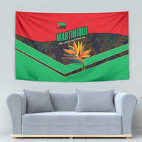 Martinique Pride Tapestry with Red Green Design and Tropical Bird of Paradise Flower