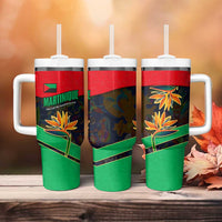 Martinique Pride Tumbler With Handle with Red Green Design and Tropical Bird of Paradise Flower
