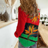 Martinique Pride Women Casual Shirt with Red Green Design and Tropical Bird of Paradise Flower