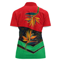 Martinique Pride Women Polo Shirt with Red Green Design and Tropical Bird of Paradise Flower