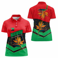 Martinique Pride Women Polo Shirt with Red Green Design and Tropical Bird of Paradise Flower