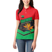 Martinique Pride Women Polo Shirt with Red Green Design and Tropical Bird of Paradise Flower
