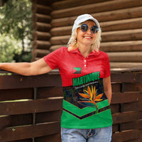 Martinique Pride Women Polo Shirt with Red Green Design and Tropical Bird of Paradise Flower
