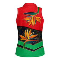 Martinique Pride Women Sleeveless Polo Shirt with Red Green Design and Tropical Bird of Paradise Flower