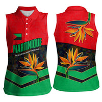 Martinique Pride Women Sleeveless Polo Shirt with Red Green Design and Tropical Bird of Paradise Flower